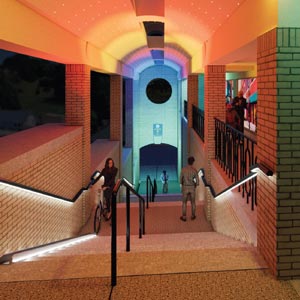 illustration of stairway with colorful lighting and people