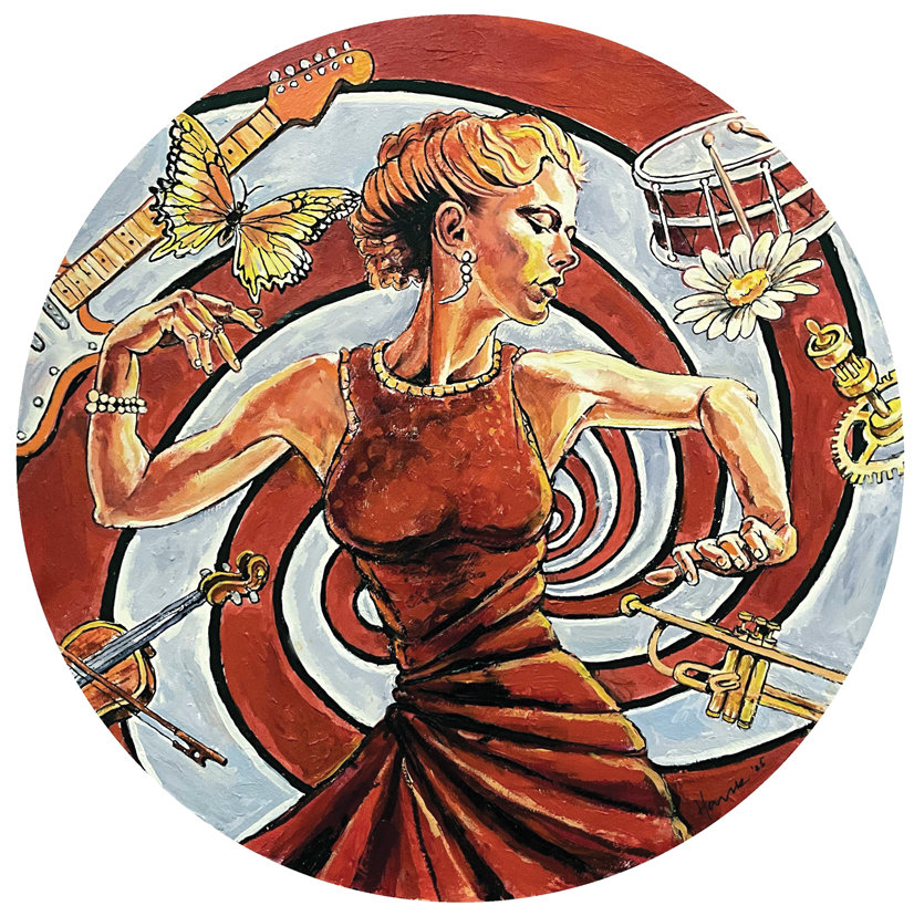 a circular painting of a woman with blonde hair wearing a red dress, with floating insturments and a butterfly around her, in the background is white and red striped swirling vortex
