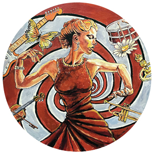 a circular painting of a woman with blonde hair wearing a red dress, with floating insturments and a butterfly around her, in the background is white and red striped swirling vortex