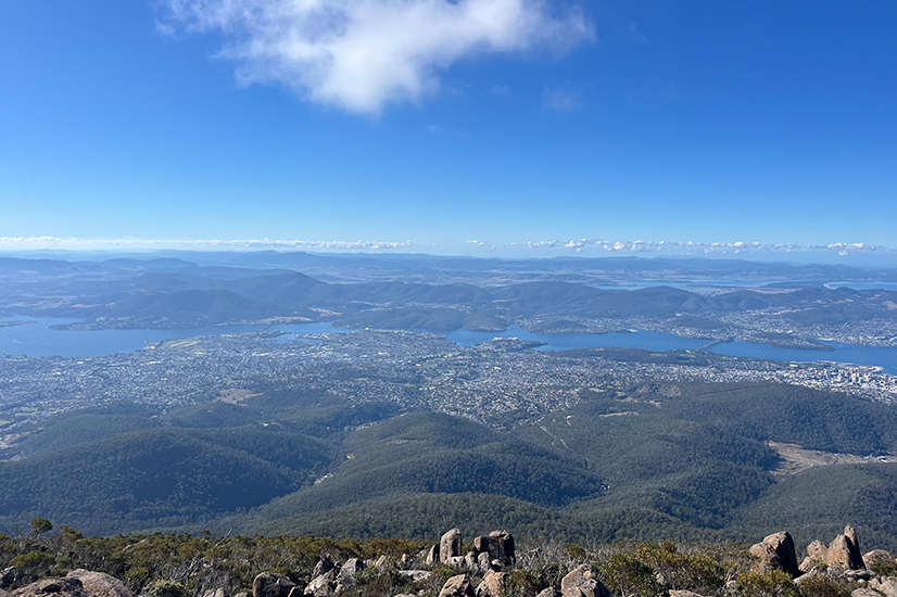 aerial view of Hobart, Tasmania from the peak of Mount Wellington