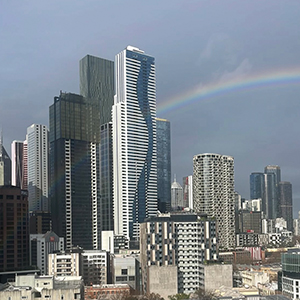 cityscape with a rainbow
