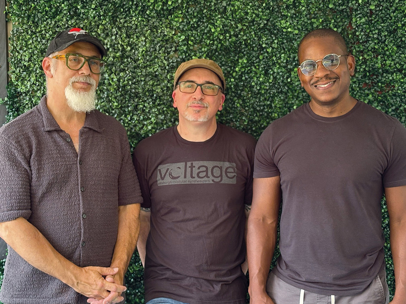 three men wearing brownish color shirts wearing glasses standing in front of a large green bush
