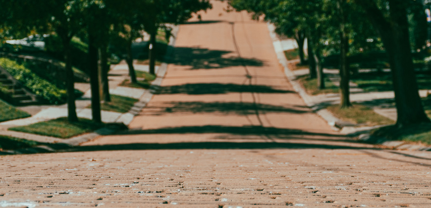 A brick street lined with trees and sidewalks