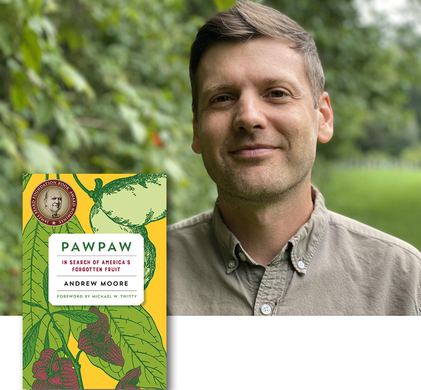 portrait of a man wearing a tan shirt, and the cover of a book he wrote