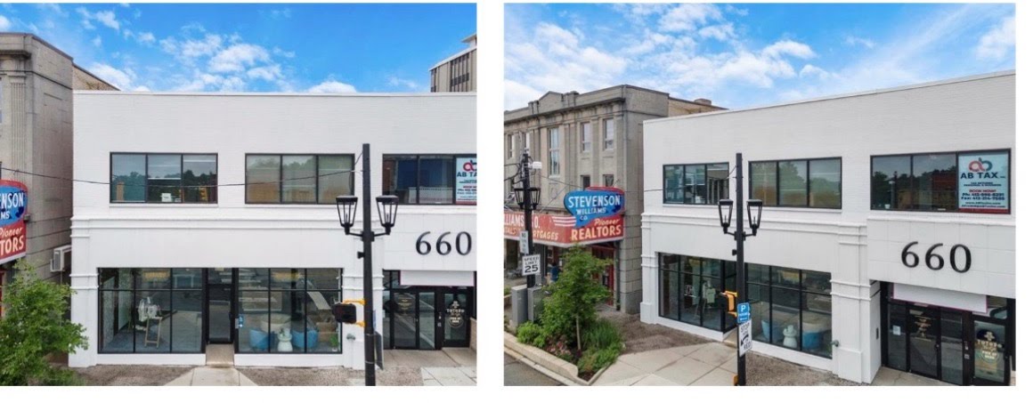 two images of storefront in business district