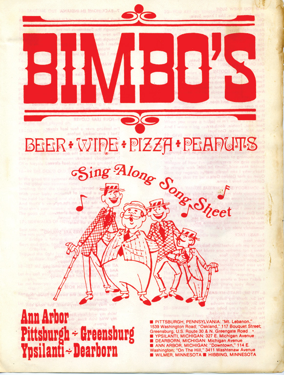 A flyer for Bimbos pizzaria. White background with red western lettering and an old-timey cartoon of an acapella group singing "Sing along song sheet" 