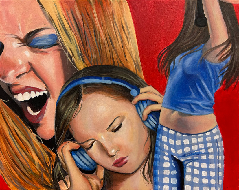 A painting of a girl dancing, behind her is a girls face wearing headphones, and behind that is a closeup of a girl singing with her eyes closed, the background is a deep red