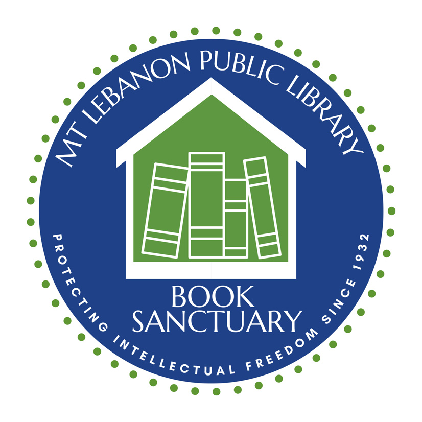 logo for mt. lebanon public library book sanctuary. At the bottom it says "protecting itellectual freedom since 1932