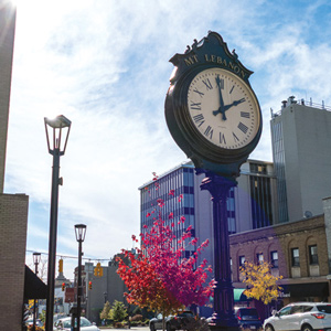 clock in uptown mt. lebanon with fall foliage