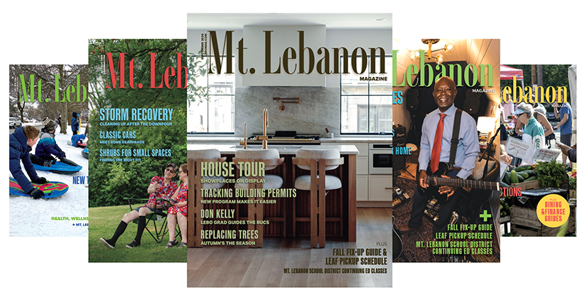 A series of five Mt. Lebanon Magazine covers - a large one in the middle and two smaller ones on each side.