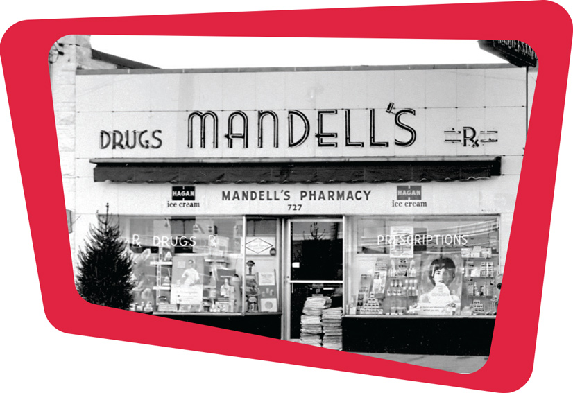 A black and white photo of Mandell's Pharmacy storefront. At the top in neon lettering it says "mandell's Drugs RX", below that it says Mandell's pharmacy and below that is display windows and a large glass door. You can see the items on display through the windows.