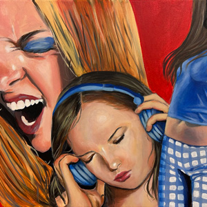 A painting of a girl dancing, behind her is a girls face wearing headphones, and behind that is a closeup of a girl singing with her eyes closed, the background is a deep red