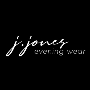 j.jones evening wear logo in black and white