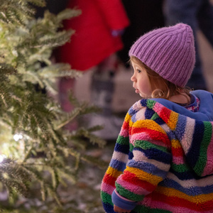 girl in multicolored striped coat and purple hat looking at lit christmas tree