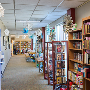 library displays with books and hanging decorations