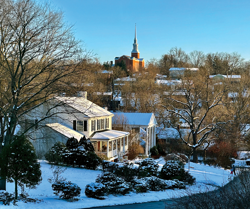 a landscape of a snowy neighborhood during the day. There are dead trees amongst houses, off in the distance is a large church at the top of a hill.
