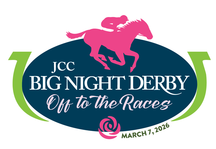 Logo for the JCC Big Night Derby, shows a jocky riding a pink horse and a rose at the bottom.