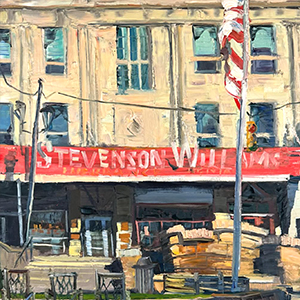 Painting of a tall beige building with the words Stevenson Williams on a red awning with an American flag on a flag pole in the foreground.