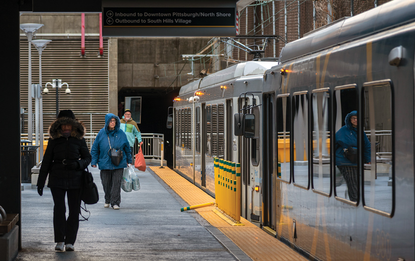 Afternoon commuters exit the Red Line at the Mt. Lebanon station.