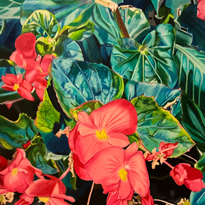 painting of tropical flowers and leaves on black background