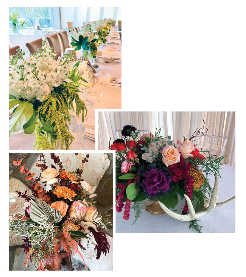 several flower displays for several different weddings include white and green flowers, pink and purple roses with antlers, and a fan with orang and pink roses and different types of plants
