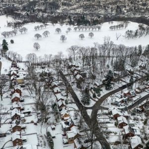 overhead image of a snowy residential neighborhood