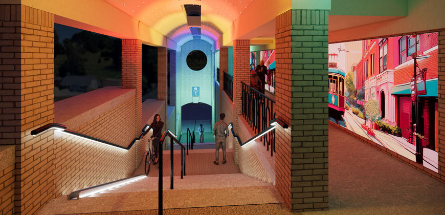 A rendering of the T station after improvements. There is bright lighting and a mural on the side of the building