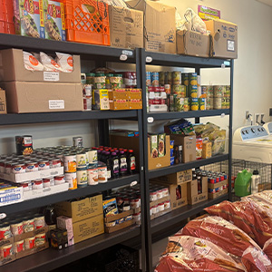 food and clothing on the shelves of the new pantry at Arlington