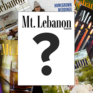 A blank magazine cover with the words Mt. Lebanon in black letters at the top and a large black question mark in the center sits on top of several colorful magazine covers.