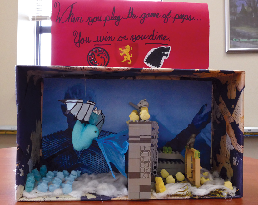 a shoebox diorama of peeps depicting a scene from Game of Thrones