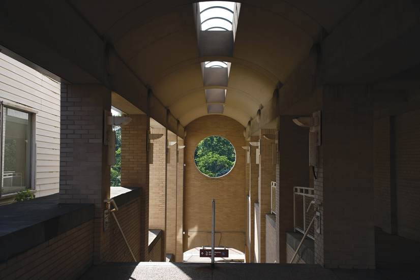 the brick built stairway leading to the T station