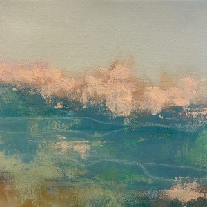 an abstract painting that looks similar to waves, with varying shades of blues, aquas, tans, and golds.