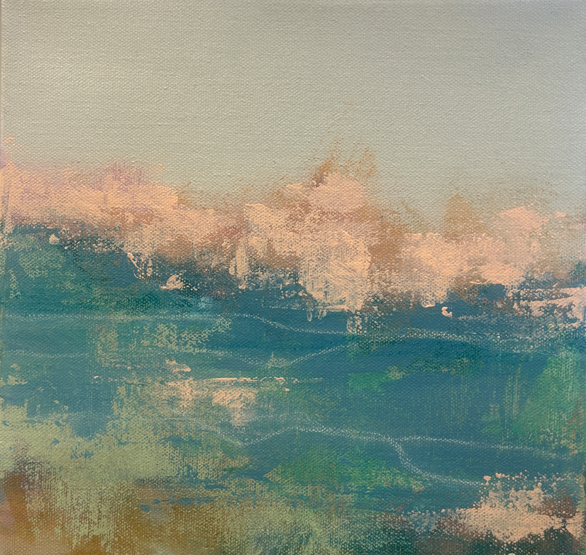 an abstract painting that looks similar to waves, with varying shades of blues, aquas, tans, and golds.