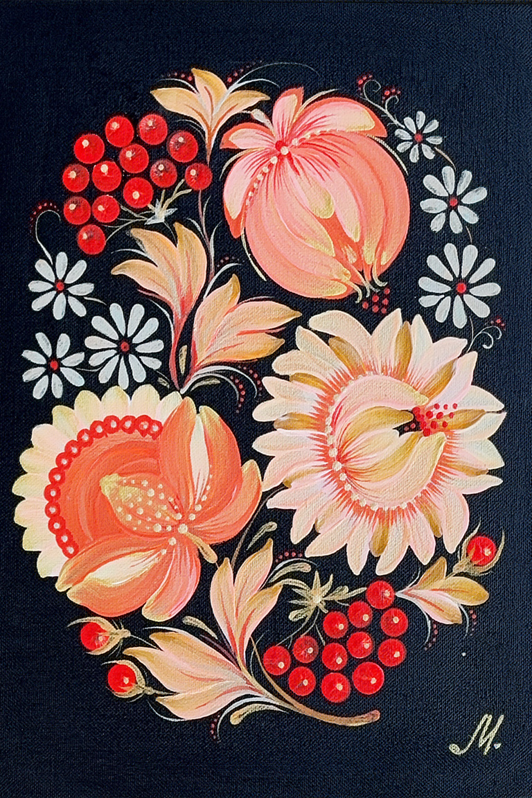 vivid floral painting on black canvas