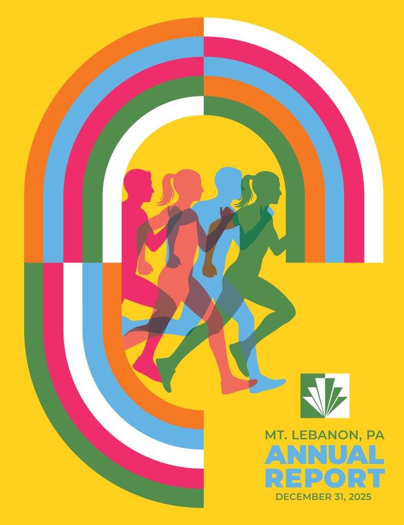 yellow background with colorful graphic illustration of people running inside a oval. mt lebanon annual financial report 2025