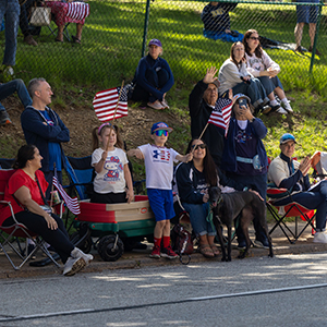 children and adults spectating a memorial day parade with american flags