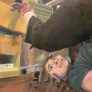 painting of a teenager laying on the floor in a strange angle
